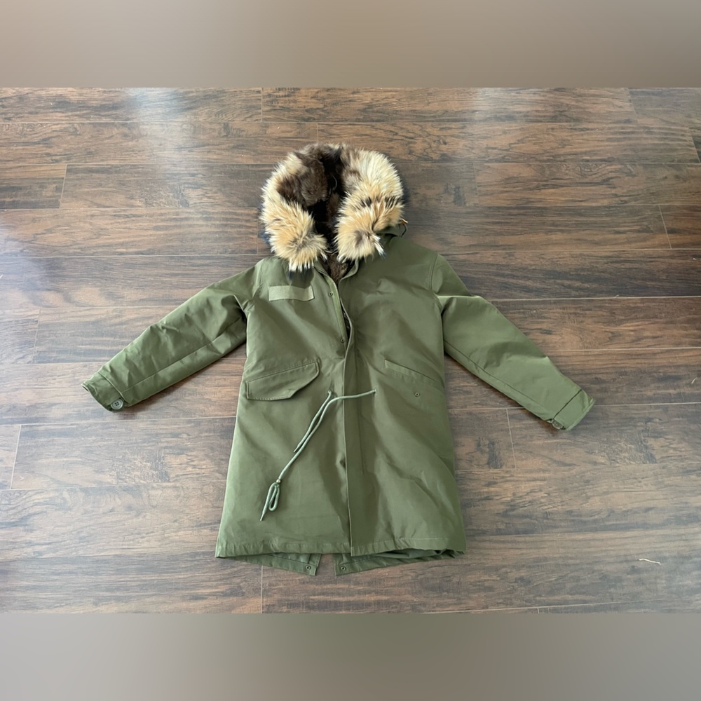Jing Coat Jacket Racoon Fur lined green Womens large
